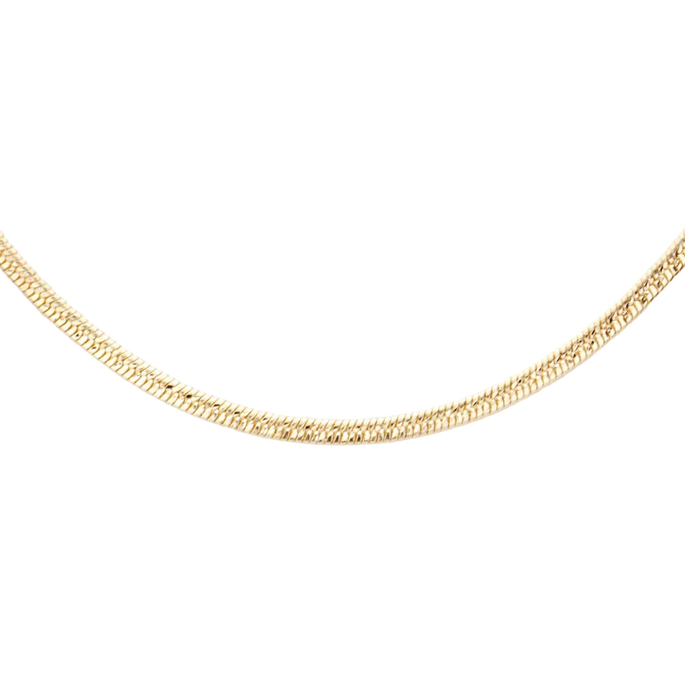A close-up of a gold chain necklace against a plain white background.