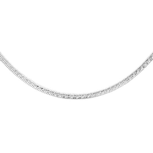 A silver-toned snake chain necklace shown in a curved shape against a plain white background.