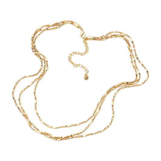 Gold triple twisted chain necklace on a white background.