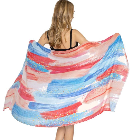 Brush Stroke Scarf Shawl (Coral, Red, Blue)
