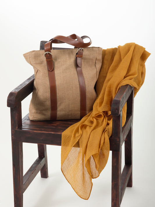 Burlap Tote Bag with Faux Leather Straps