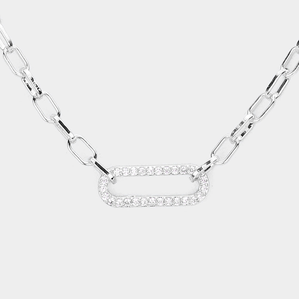 CZ Embellished Brass Metal Open Oval Pendant Necklace (Silver)