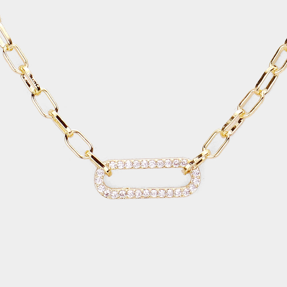 CZ Embellished Brass Metal Open Oval Pendant Necklace (Gold)