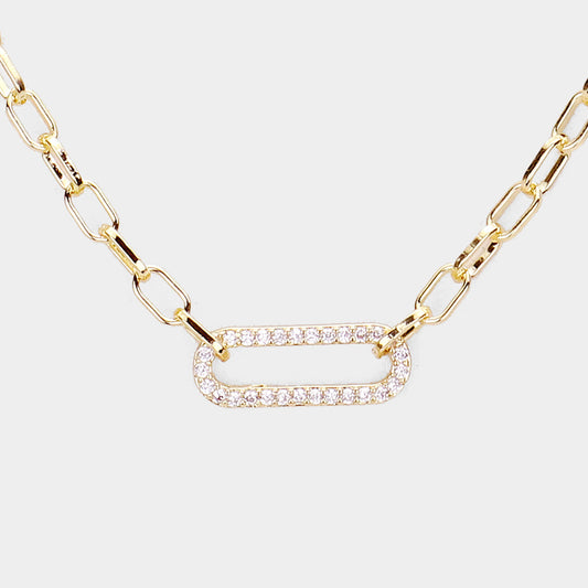 CZ Embellished Brass Metal Open Oval Pendant Necklace (Gold)