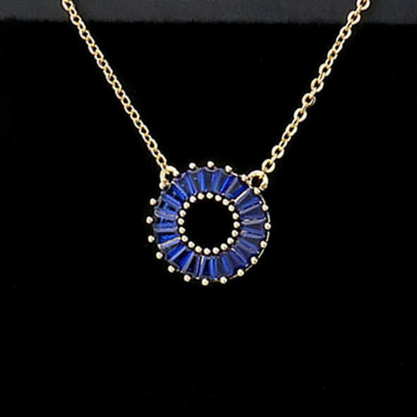 CZ Embellished Open Circle Pendant Necklace (Sapphire Blue)