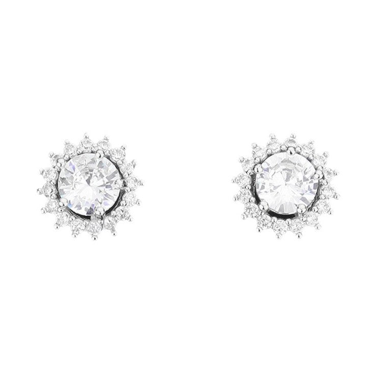 Round CZ Cubic Zirconia Halo Stone Clusters Classic Evening Stud Earrings (clear, silver)