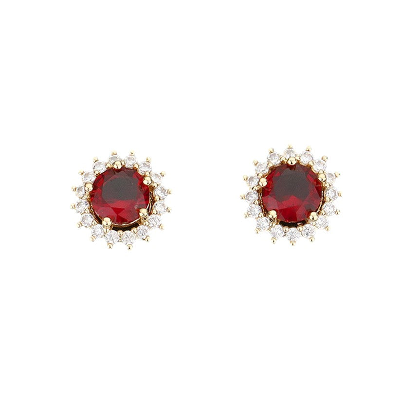 Round CZ Cubic Zirconia Halo Stone Clusters Classic Evening Stud Earrings (red, gold)
