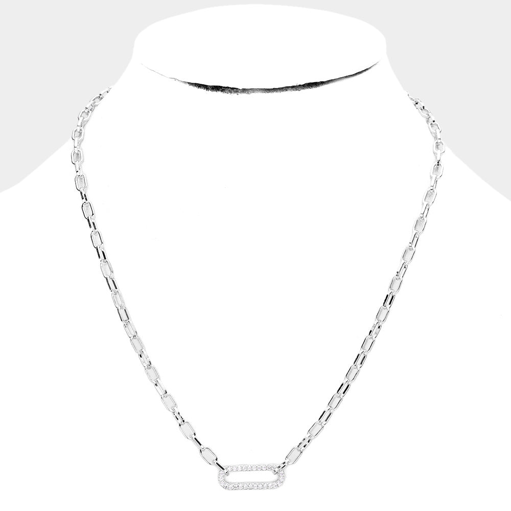 CZ Embellished Brass Metal Open Oval Pendant Necklace (Silver)