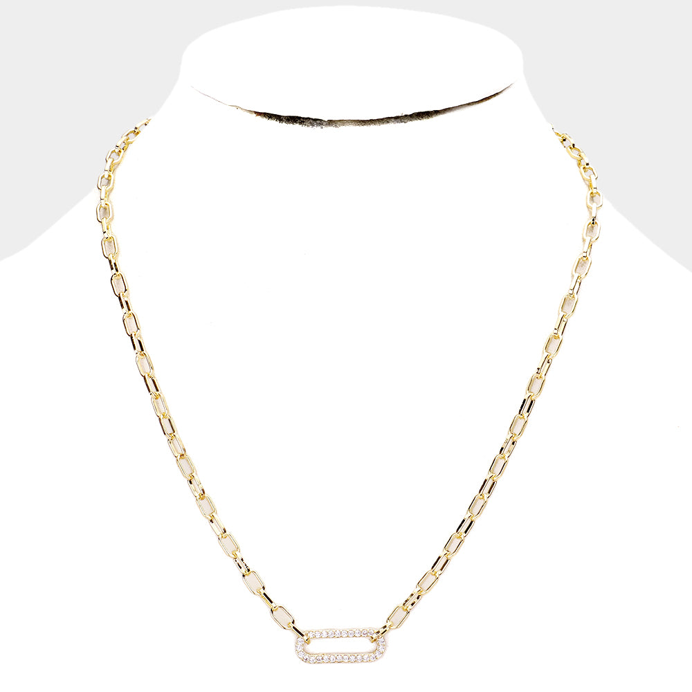 CZ Embellished Brass Metal Open Oval Pendant Necklace (Gold)