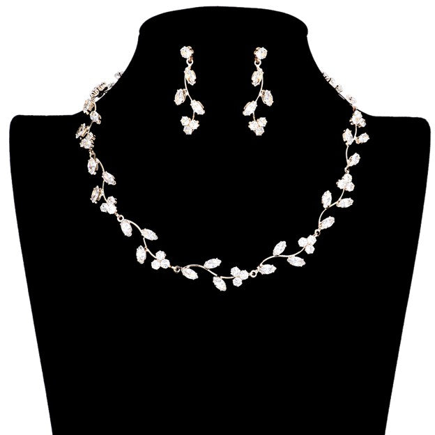 Berry, Leaf, and Vine Sprout Cubic Zirconia Necklace and Earring Set (Gold)