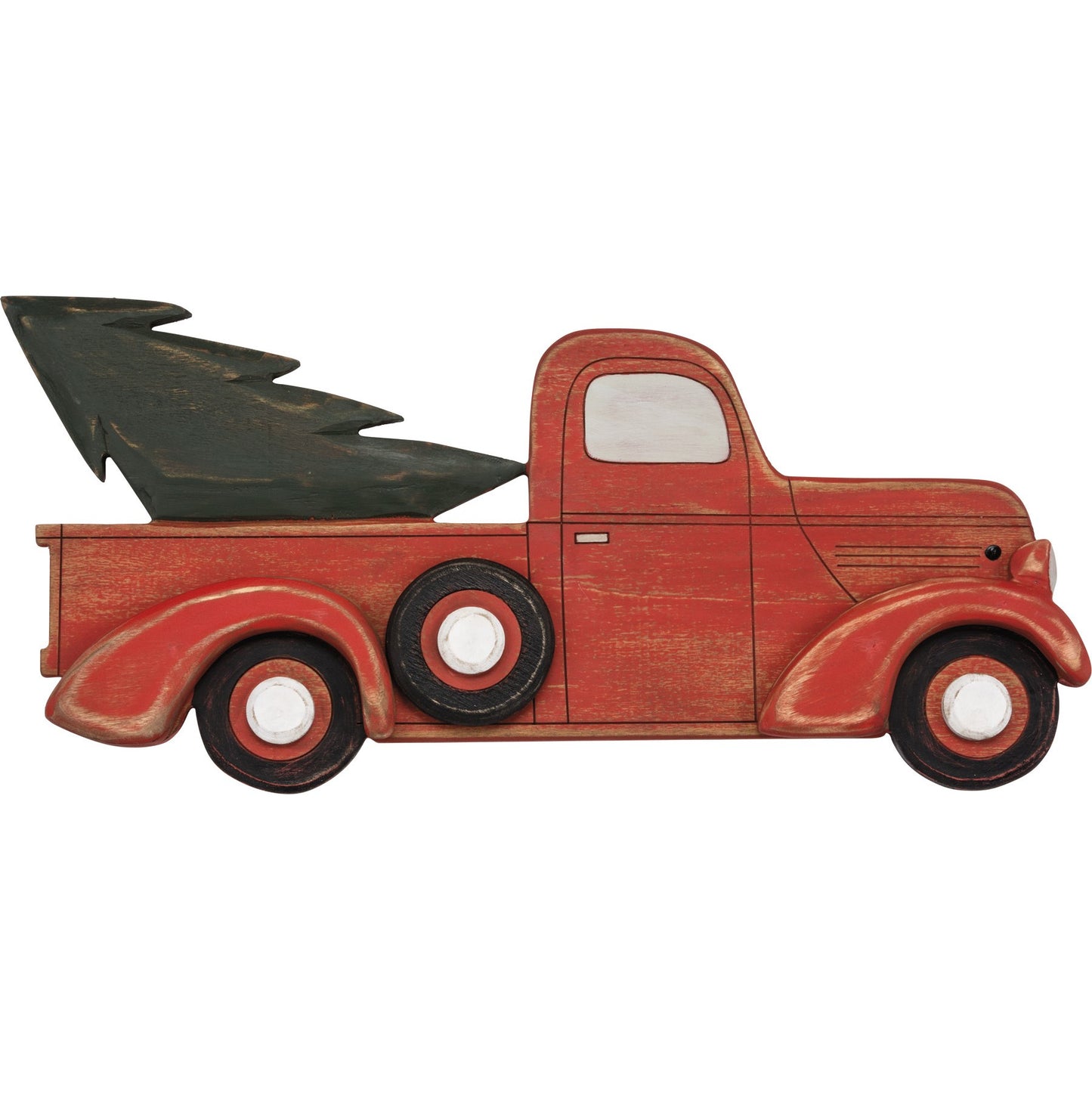 Carved Wood Red Truck with Pine Tree Wall Decor
