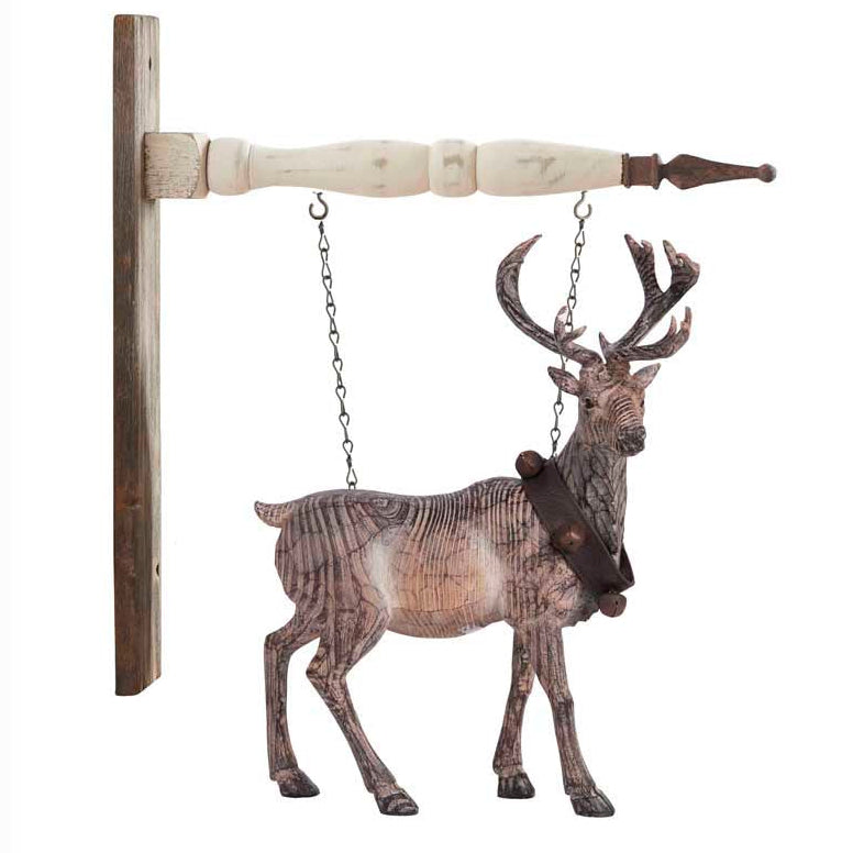 A carved wooden reindeer with a jingle bell collar arrow replacement sign, designed to be hung on an arrow bracket.
