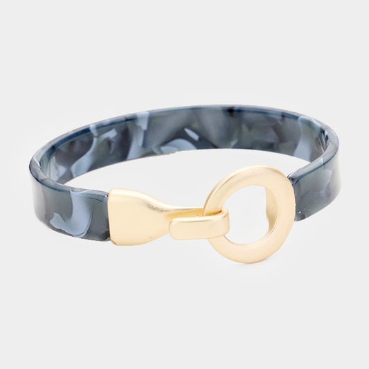 Celluloid Acetate Round Metal Hook Bracelet (Grey, Matte Gold)