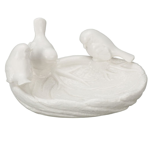 White Ceramic Leaf Dish with Birds