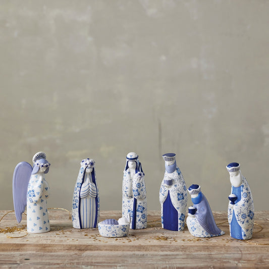 Blue & White Ceramic Nativity with Floral Pattern