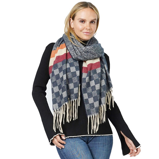 Checkers and Stripes Oversized Scarf (Navy Blue)
