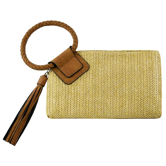 Straw Wristlet Clutch with Vegan Leather Cuff Handle & Tassel