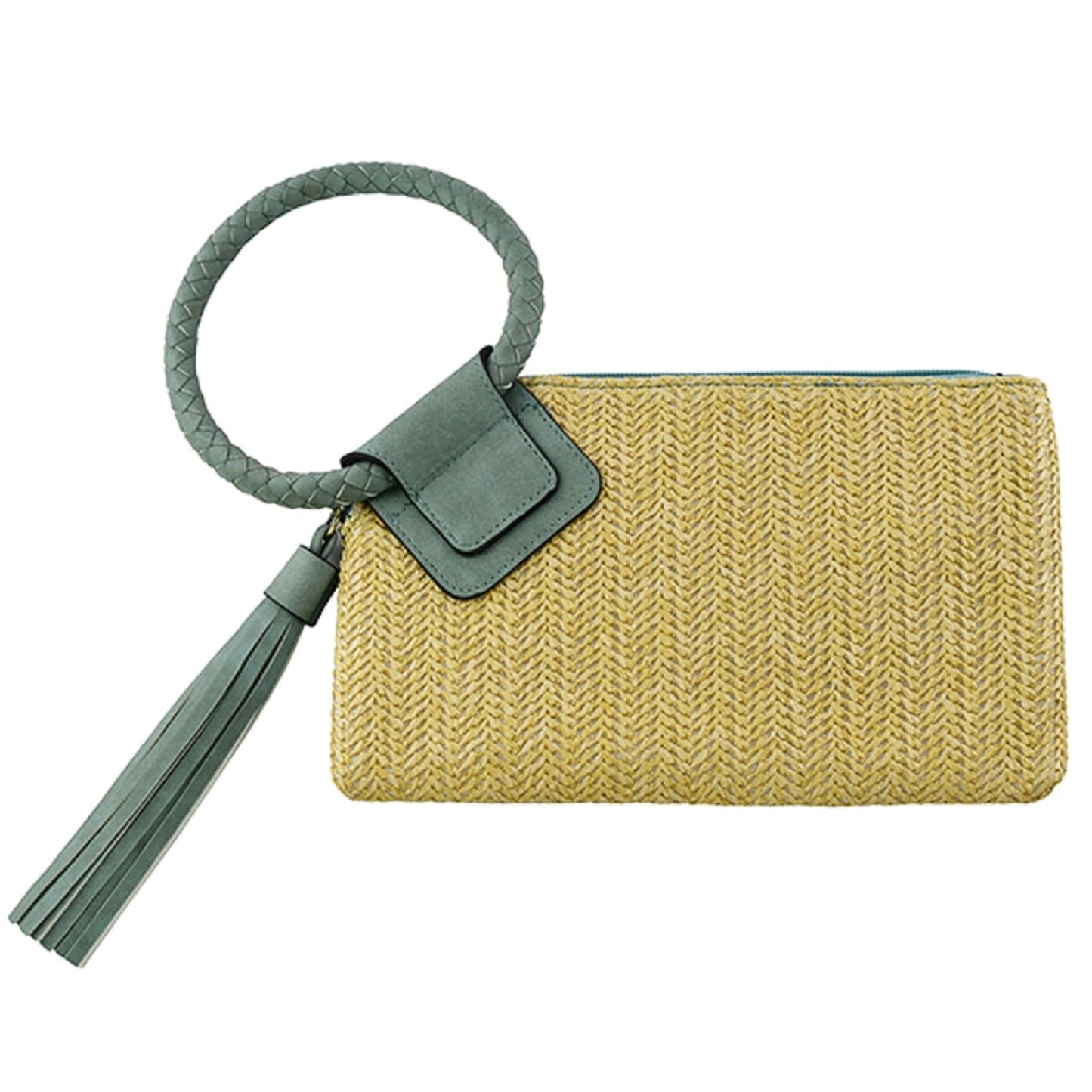 Straw Wristlet Clutch with Vegan Leather Cuff Handle & Tassel