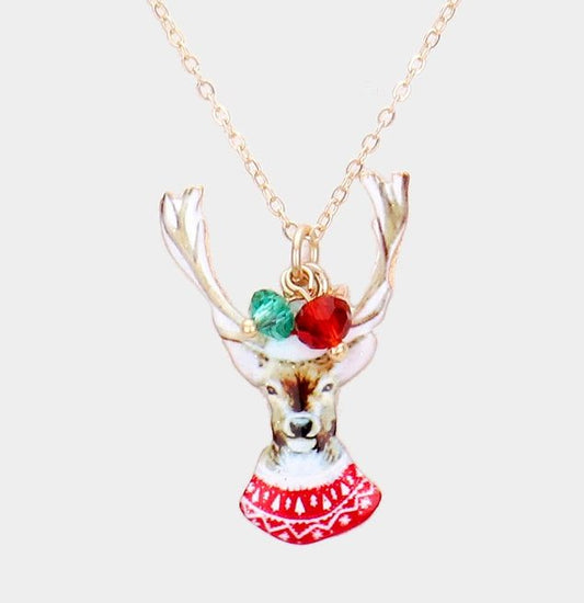 Christmas Theme Watercolor Pendant Bead Necklace (Reindeer)