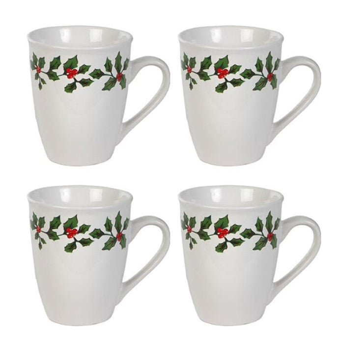 Four white mugs with holly berry design on a white background