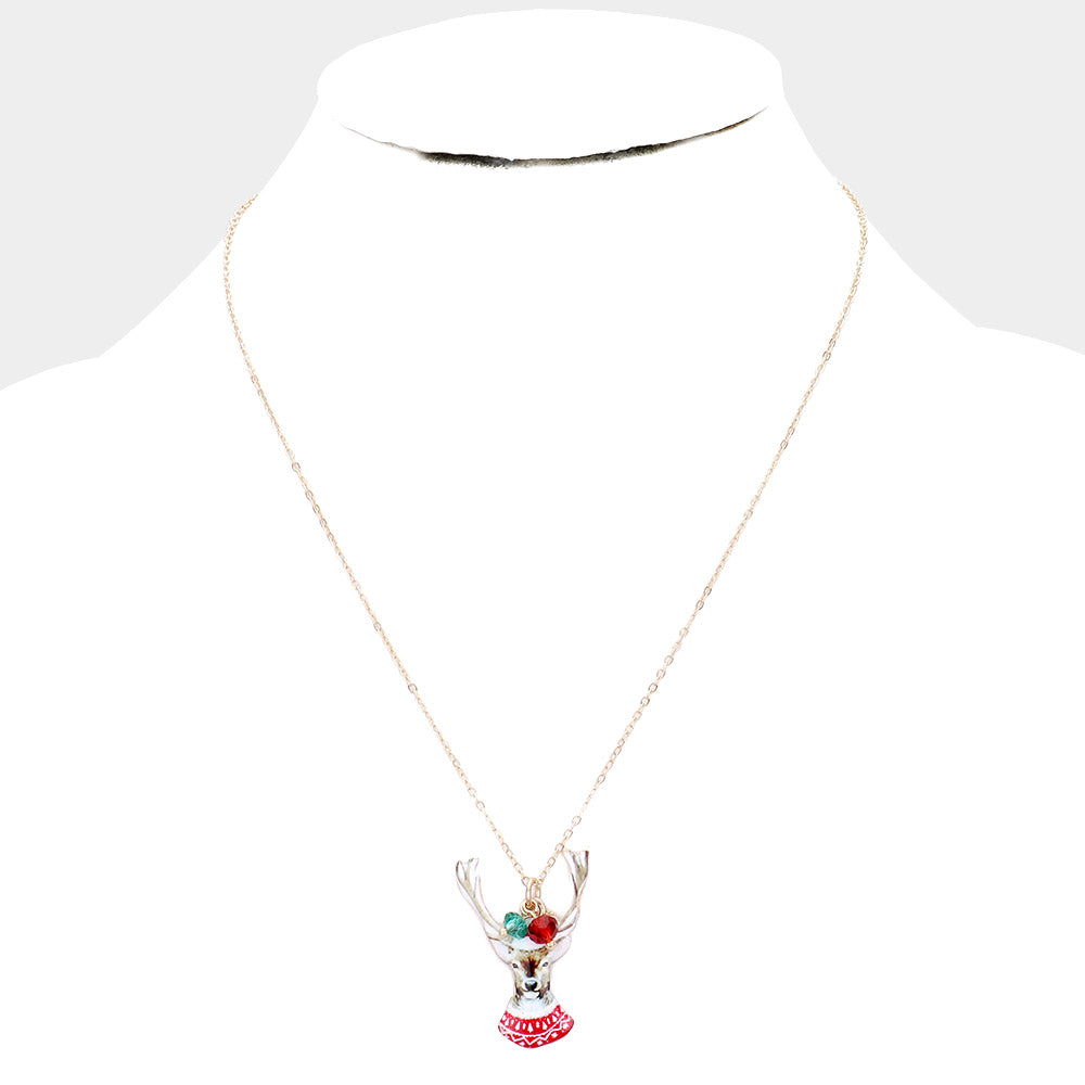 Christmas Theme Watercolor Pendant Bead Necklace (Reindeer)