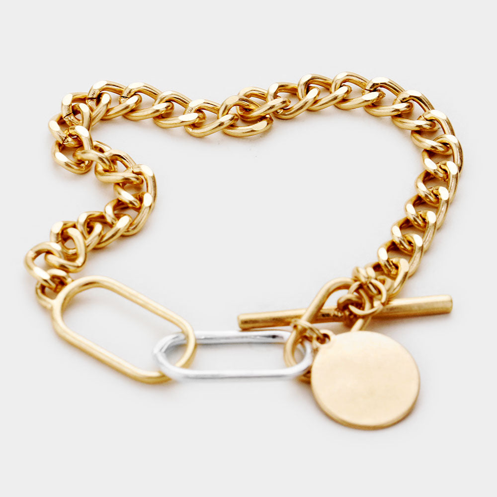 Chunky Metal Chain Disc Charm Toggle Bracelet (Two Tone, Gold)