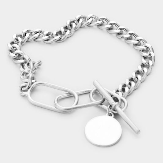 Chunky Metal Chain Disc Charm Toggle Bracelet (Silver)