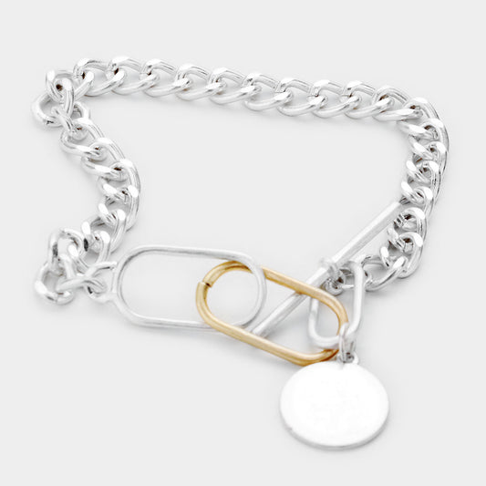 Chunky Metal Chain Disc Charm Toggle Bracelet (Two Tone, Silver)