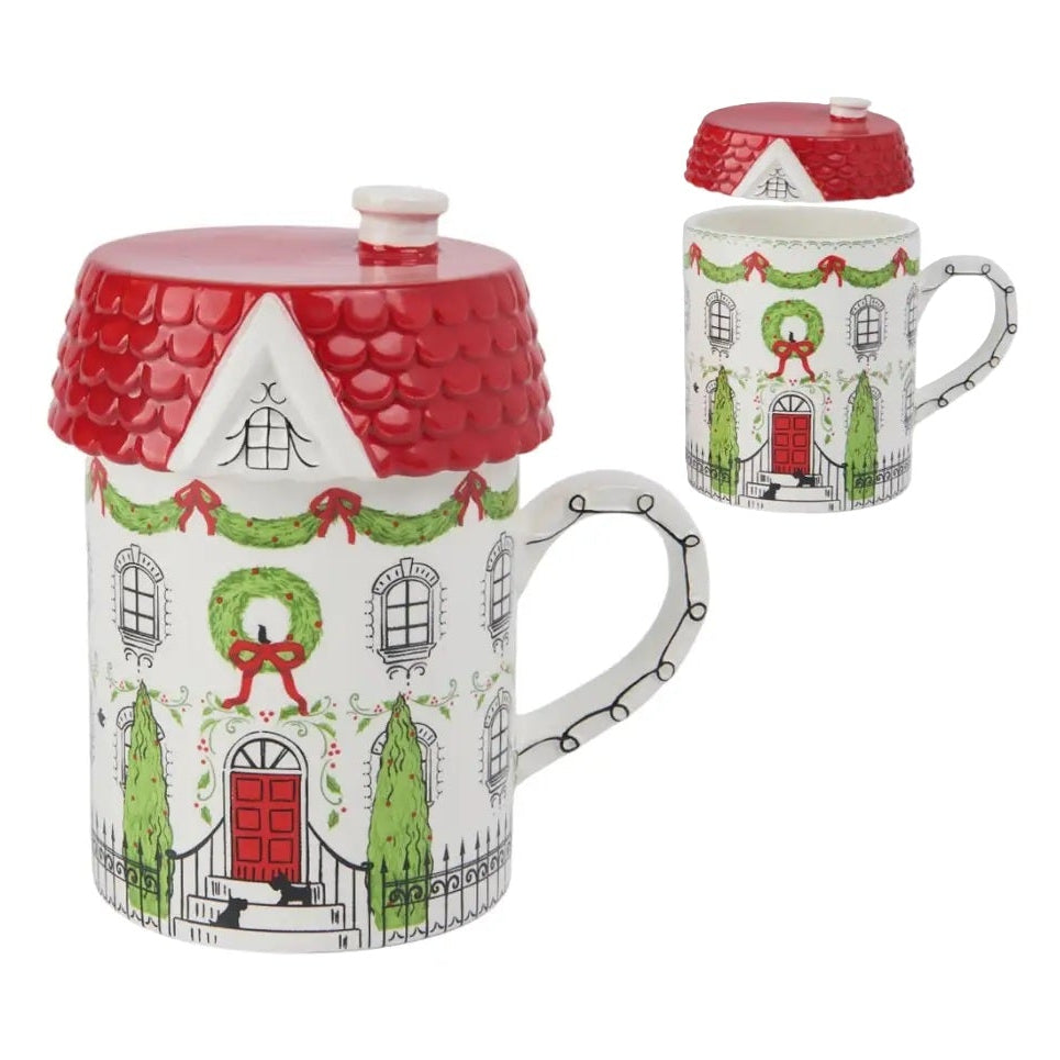 City Sidewalk of Houses Christmas Lidded Mug