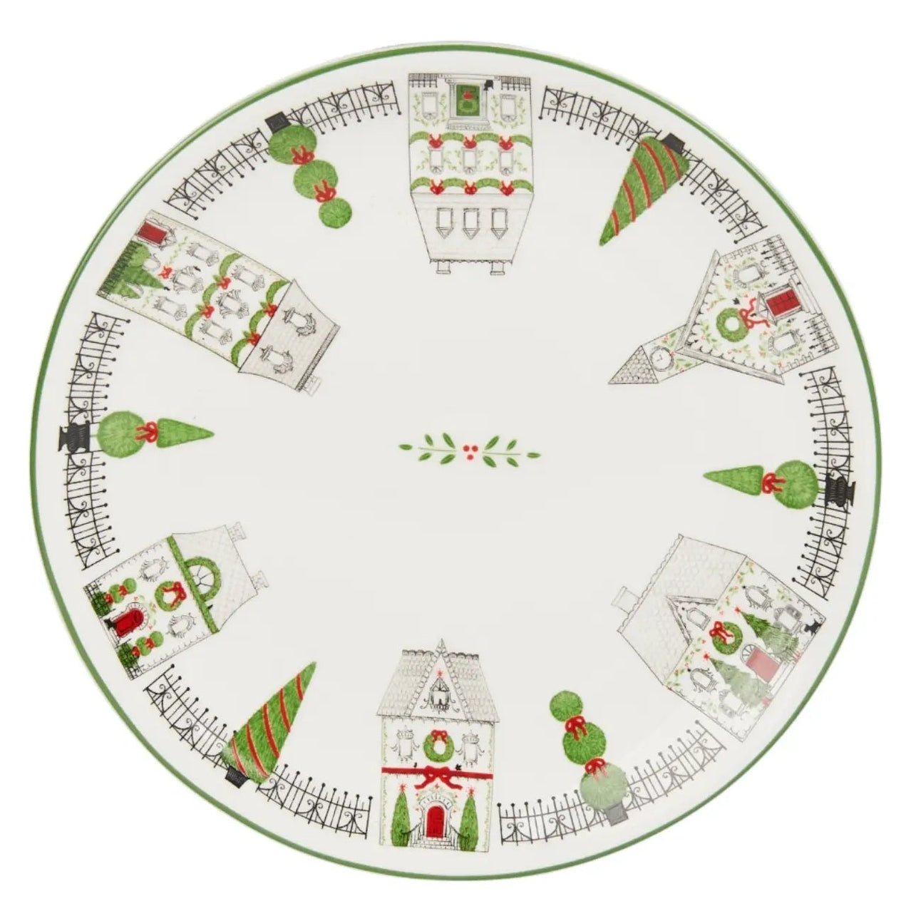 City Sidewalk of Houses Christmas 8" Salad Plate Featuring decorated houses, topiaries, greenery and wrought-iron fencing