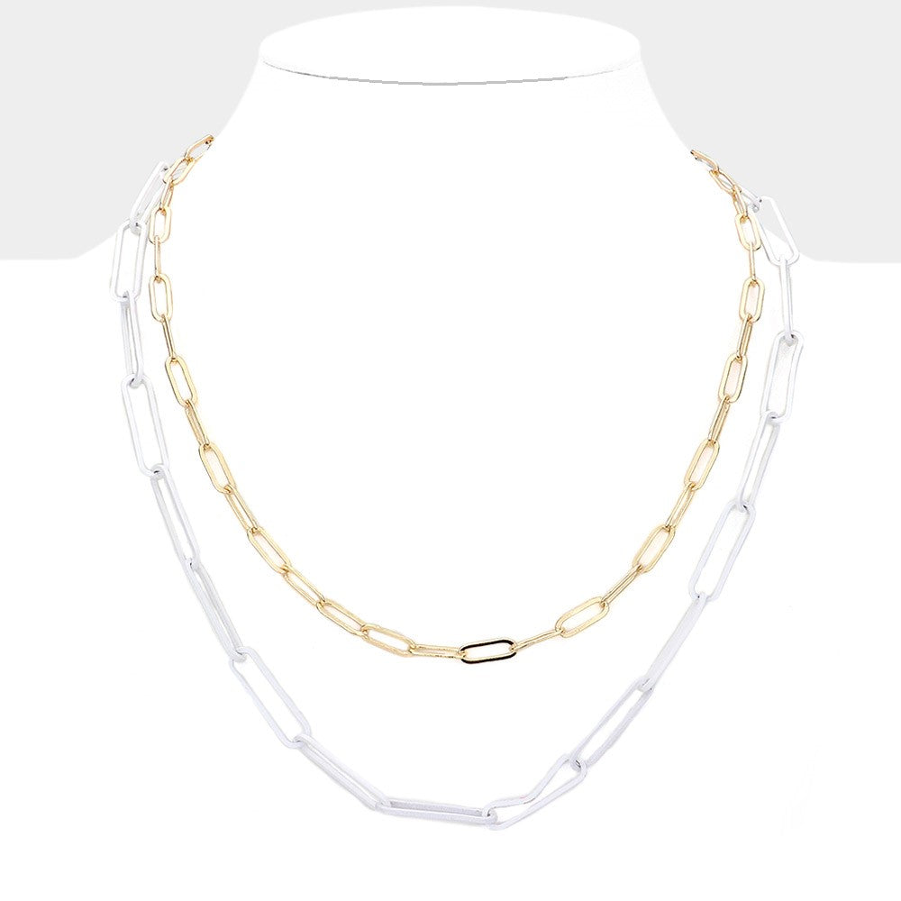 Gold & White Oval Chain Link Necklace 2 Piece Set