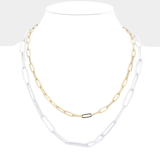 Gold & White Oval Chain Link Necklace 2 Piece Set