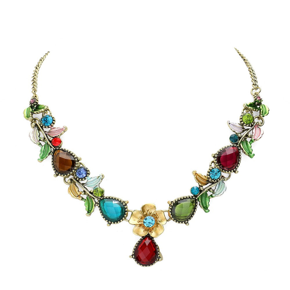 Flower and Leaf Gemstone Teardrop Stone Bib Necklace