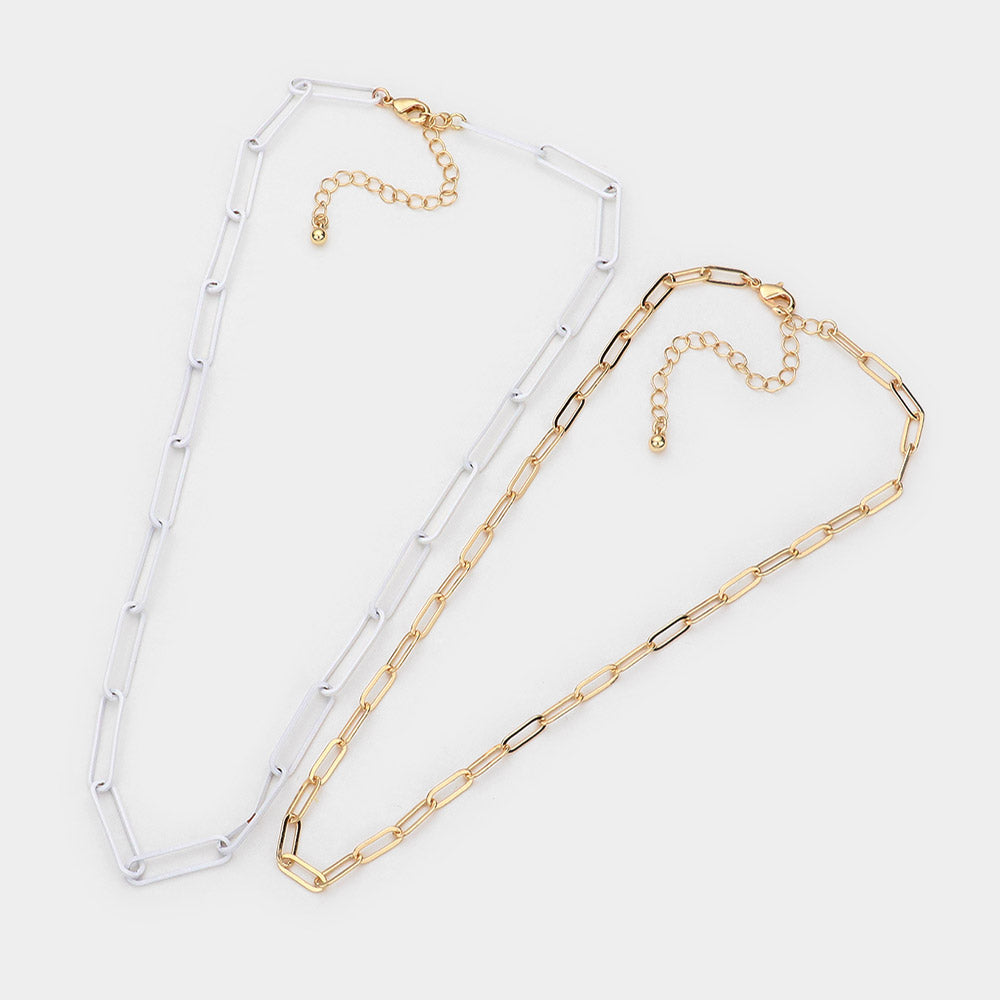 Gold & White Oval Chain Link Necklace 2 Piece Set