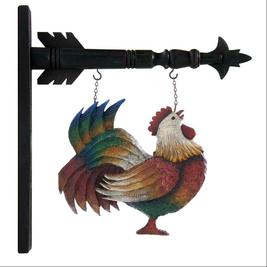 A colorful resin rooster-shaped arrow replacement sign intended to be hung on an arrow bracket, sold separately.
