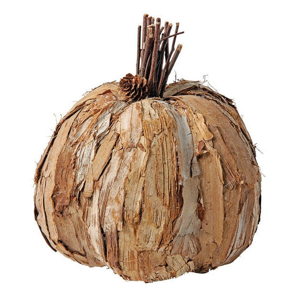 A decorative pumpkin made from wood chips with a rustic appearance, featuring real bark.