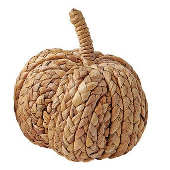 A woven pumpkin made from braided cattail, primarily in brown color, designed for fall decor.