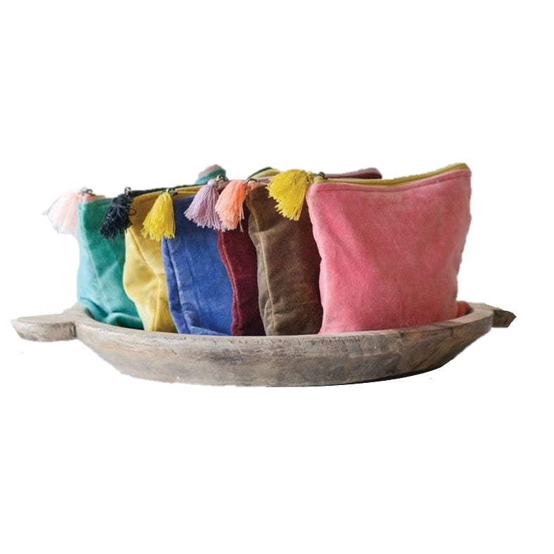 Cotton Velvet Zippered Pouch, Bag, Wallet, Clutch - Tasseled Purse - Burgundy