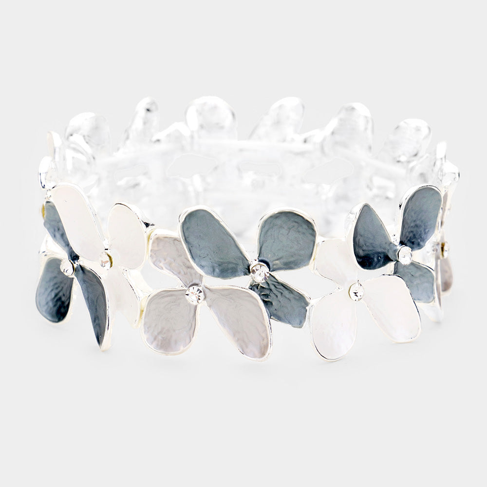 Crystal Double Bloom Flower Metal Stretch Bracelet (grey)