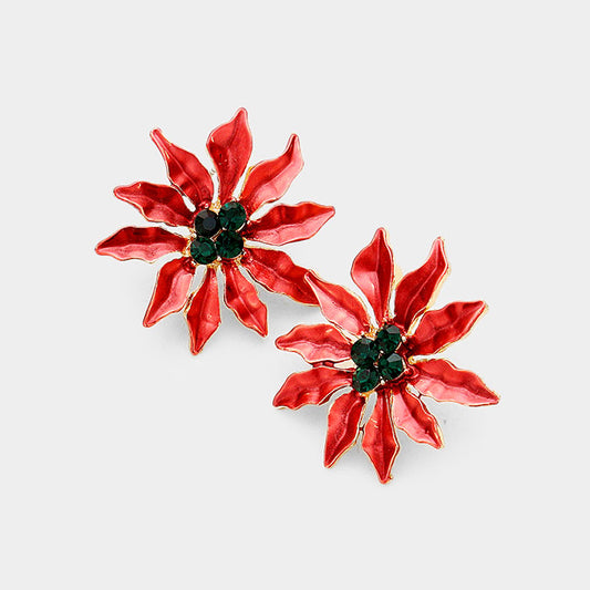 Crystal Embellished Christmas Poinsettia Flower Earrings
