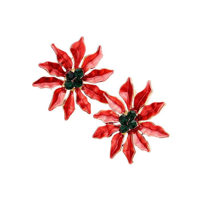 A pair of gold and red crystal embellished Christmas poinsettia flower earrings against a white background.