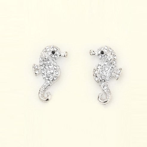 Crystal Pave Seahorse Stud Earrings (Silver)