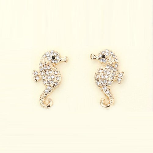 Crystal Pave Seahorse Stud Earrings (Gold)