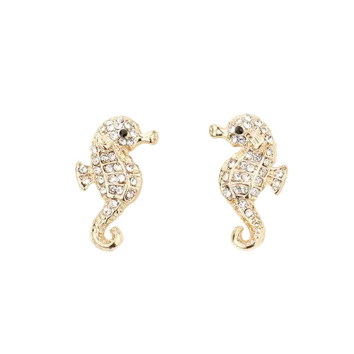 A pair of gold-colored seahorse-shaped stud earrings adorned with crystal pave.