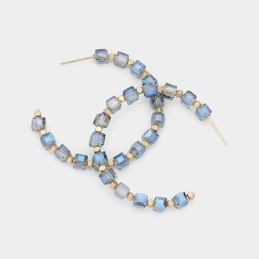 Cube Beaded Half Hoop Earrings (blue)
