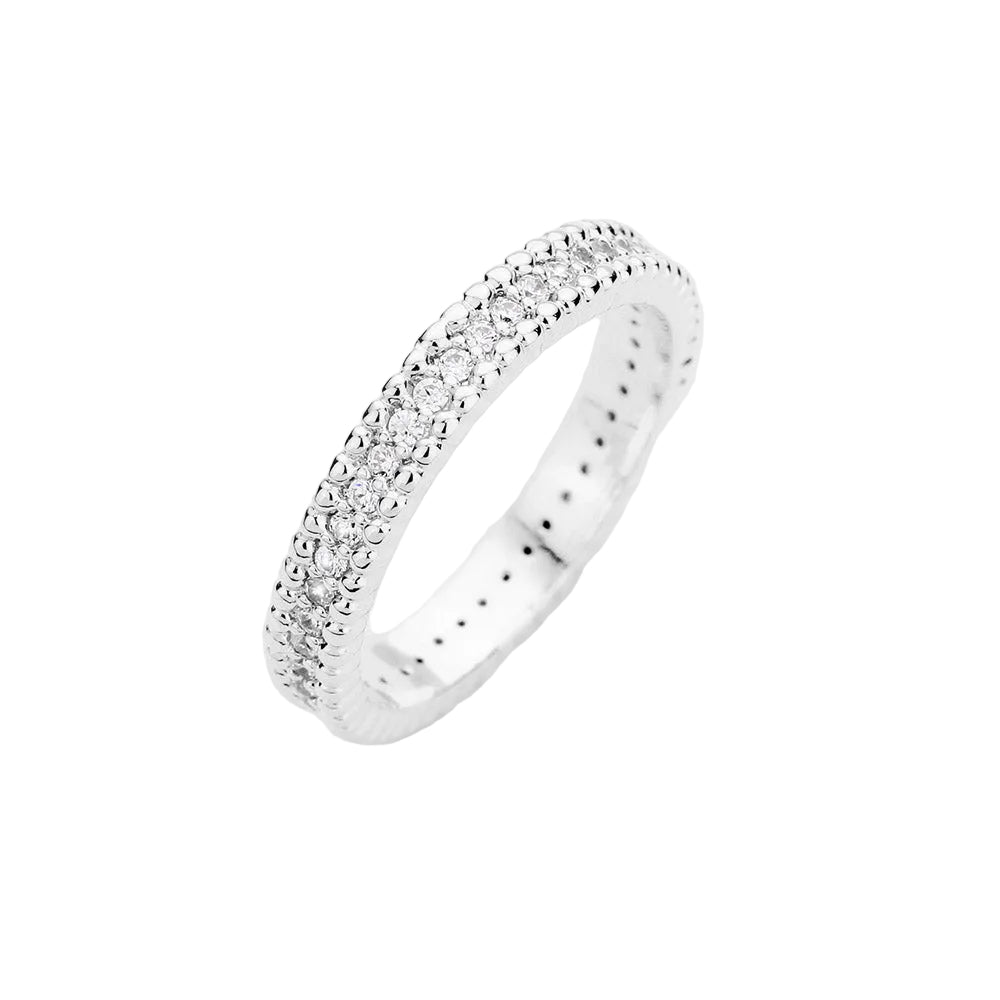 A silver-colored Cubic Zirconia pave eternity ring with clear stones, displayed against a white background.