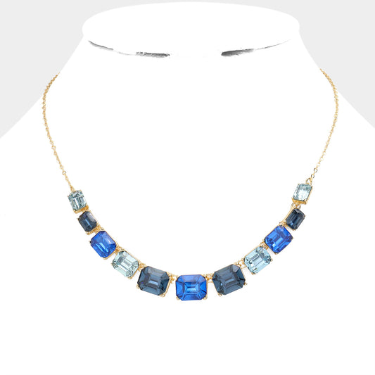 Emerald Cut Gemstone Necklace (Blue)