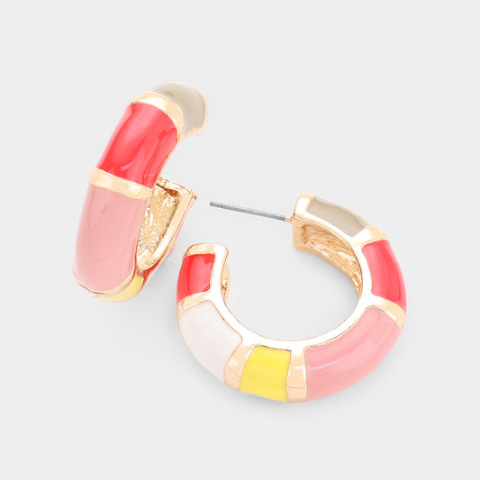 Enamel Color Block Hoop Earrings (Pink)
