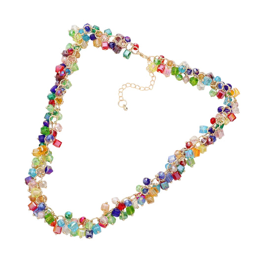 A multicolored beaded necklace with a gold-colored clasp, displayed against a white background.