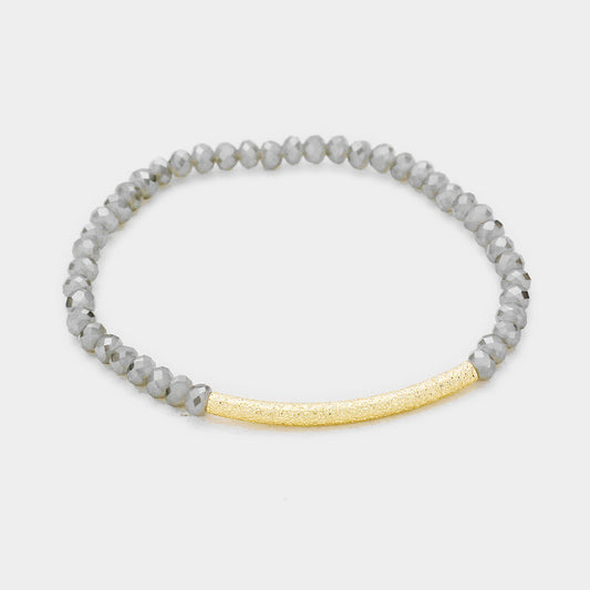 Faceted Bead Textured Metal Accented Stretch Bracelet (Gray)